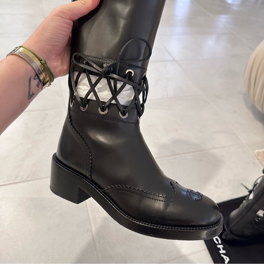 Chanel CC logo knee-high riding boots
